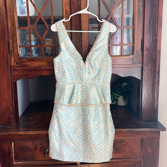 Lulus Dresses & Skirts - Lulus Afternoon Affair Blue Floral Print Jacquard Peplum Mini Dress Size Small
